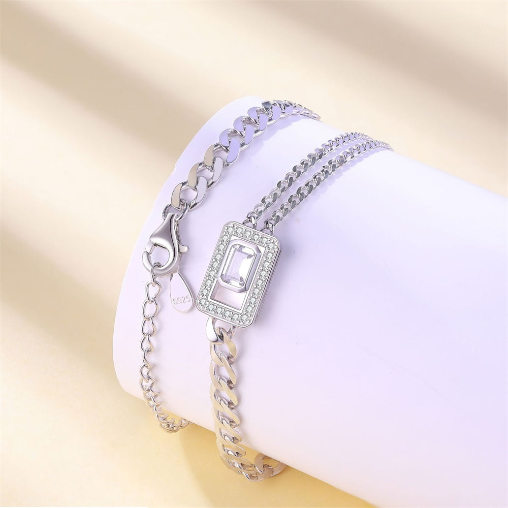 S925 Sterling Silver Square Asymmetric Chain Bracelet