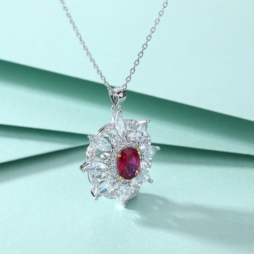 S925 Silver Ruby Sunflower Eight-Pointed Star Pendant Clavicle Chain Necklace