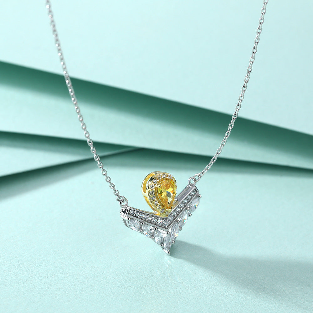 S925 Sterling Silver Gemstone Pendant V-Shaped Crown Clavicle Chain Necklace