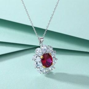 S925 Sterling Silver Ruby Flower Pendant Necklace