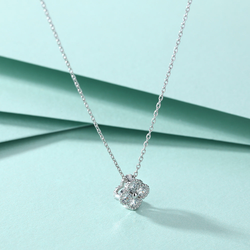 S925 Sterling Silver Clavicle Chain Light Luxury Four-Leaf Clover Full Diamond Pendant Necklace