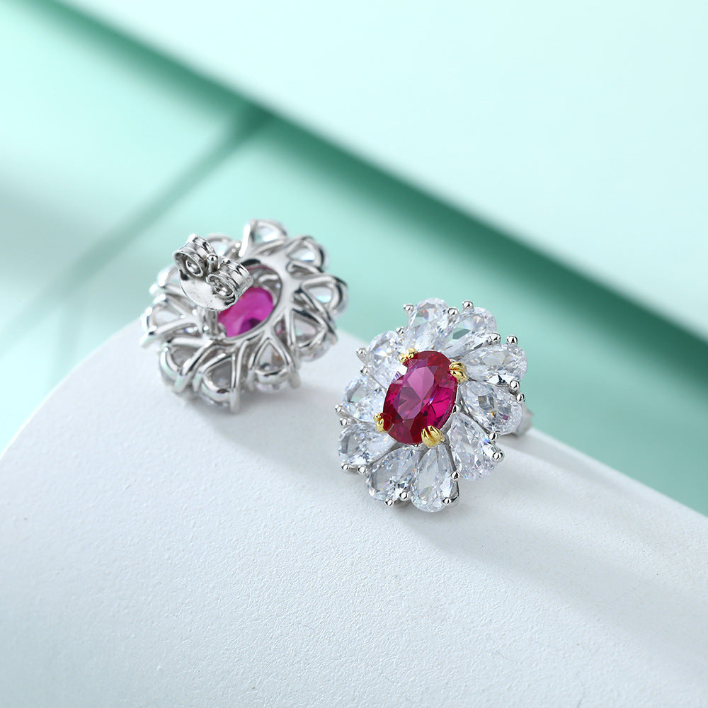 925 Sterling Silver Vintage Daisy Ruby Earrings Flower Stud Earrings