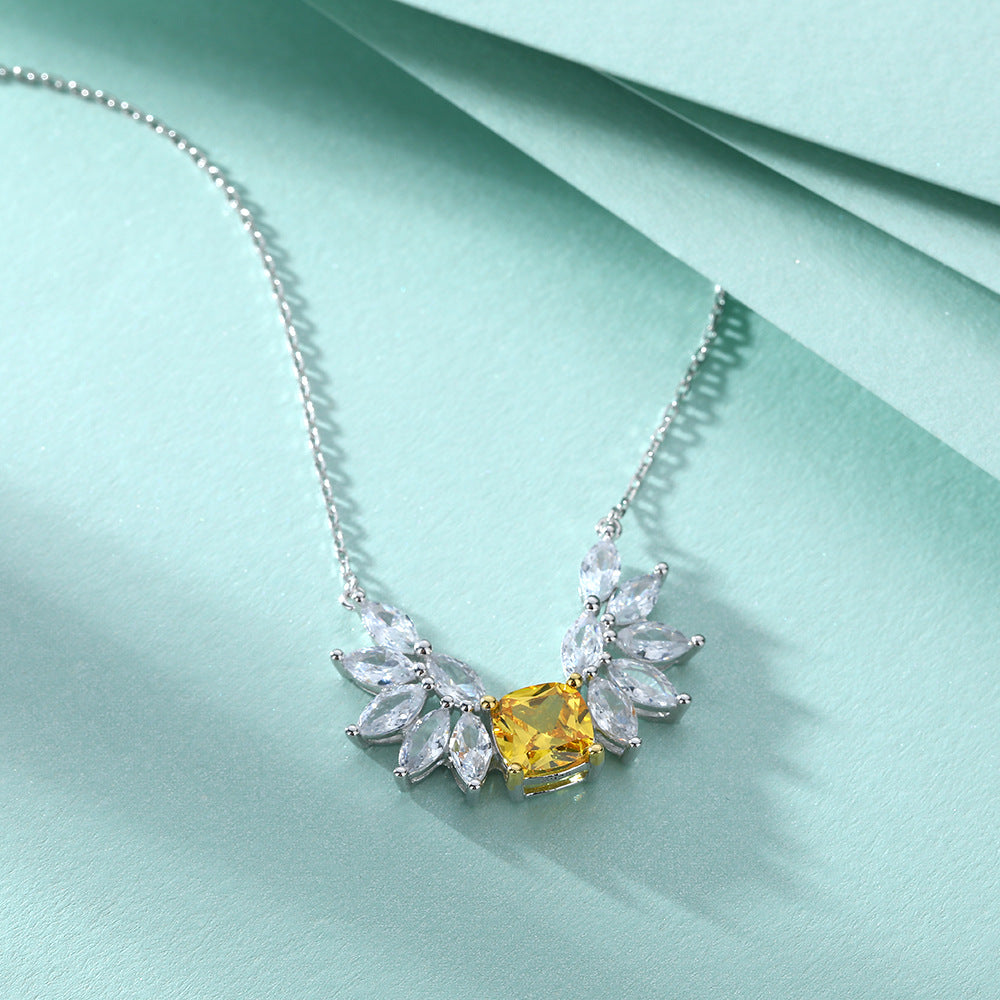 S925 Sterling Silver Angel Wings Topaz Pendant Clavicle Chain Necklace