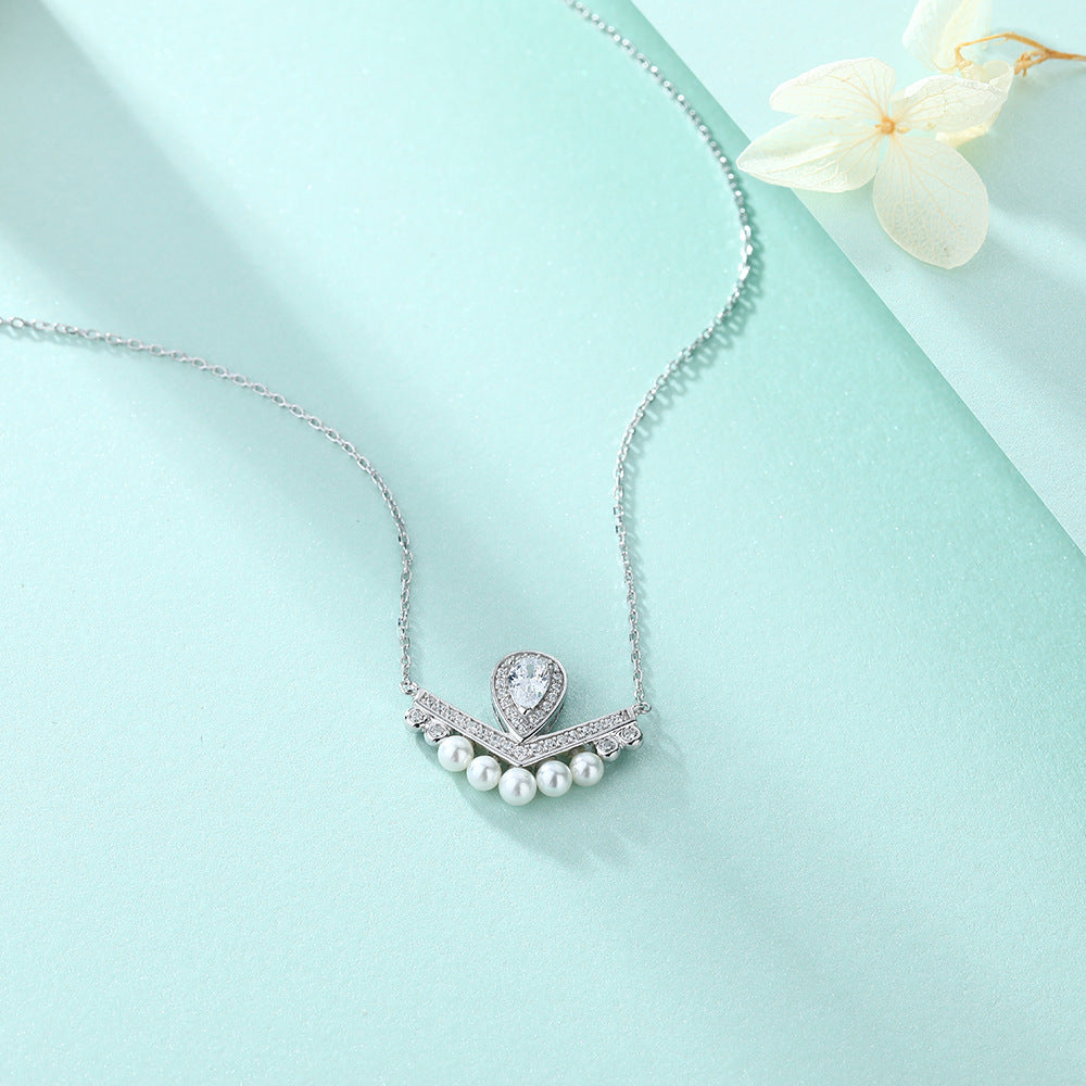 S925 Pure Silver Pearl Water Drop V-shaped Crown Clavicle Chain Pendant Necklace