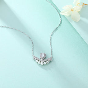 S925 Pure Silver Pearl Water Drop V-shaped Crown Clavicle Chain Pendant Necklace