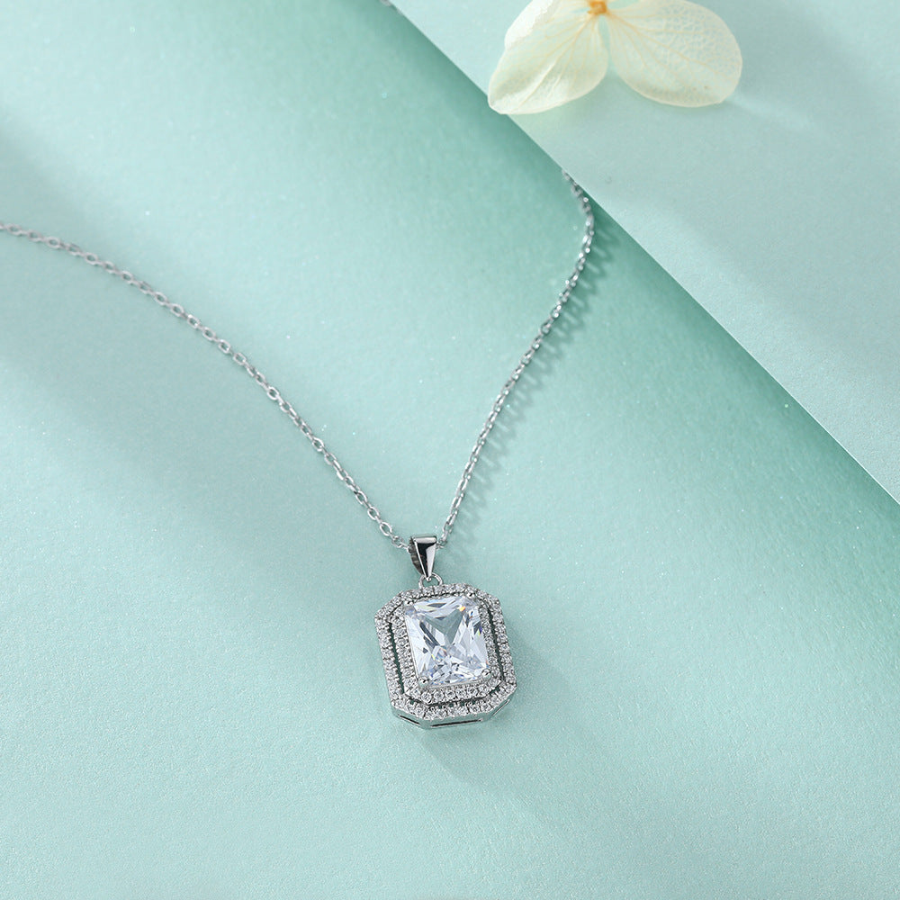 S925 Pure Silver Square Pendant Collarbone Necklace
