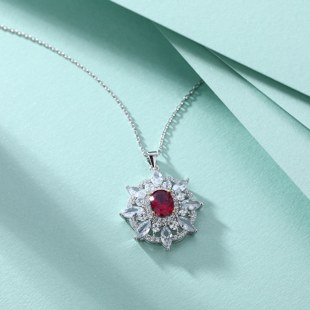 S925 Silver Ruby Sunflower Eight-Pointed Star Pendant Clavicle Chain Necklace