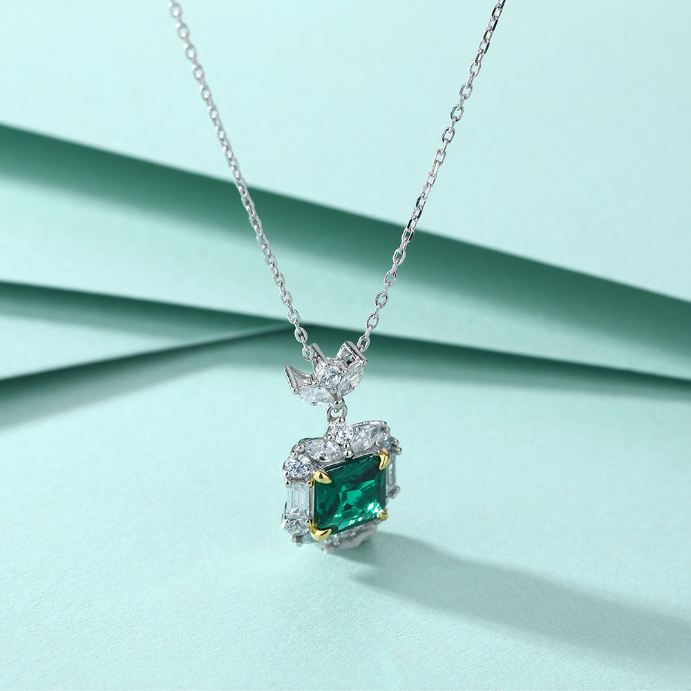 S925 Sterling Silver Emerald Stone Clavicle Chain Necklace Pendant
