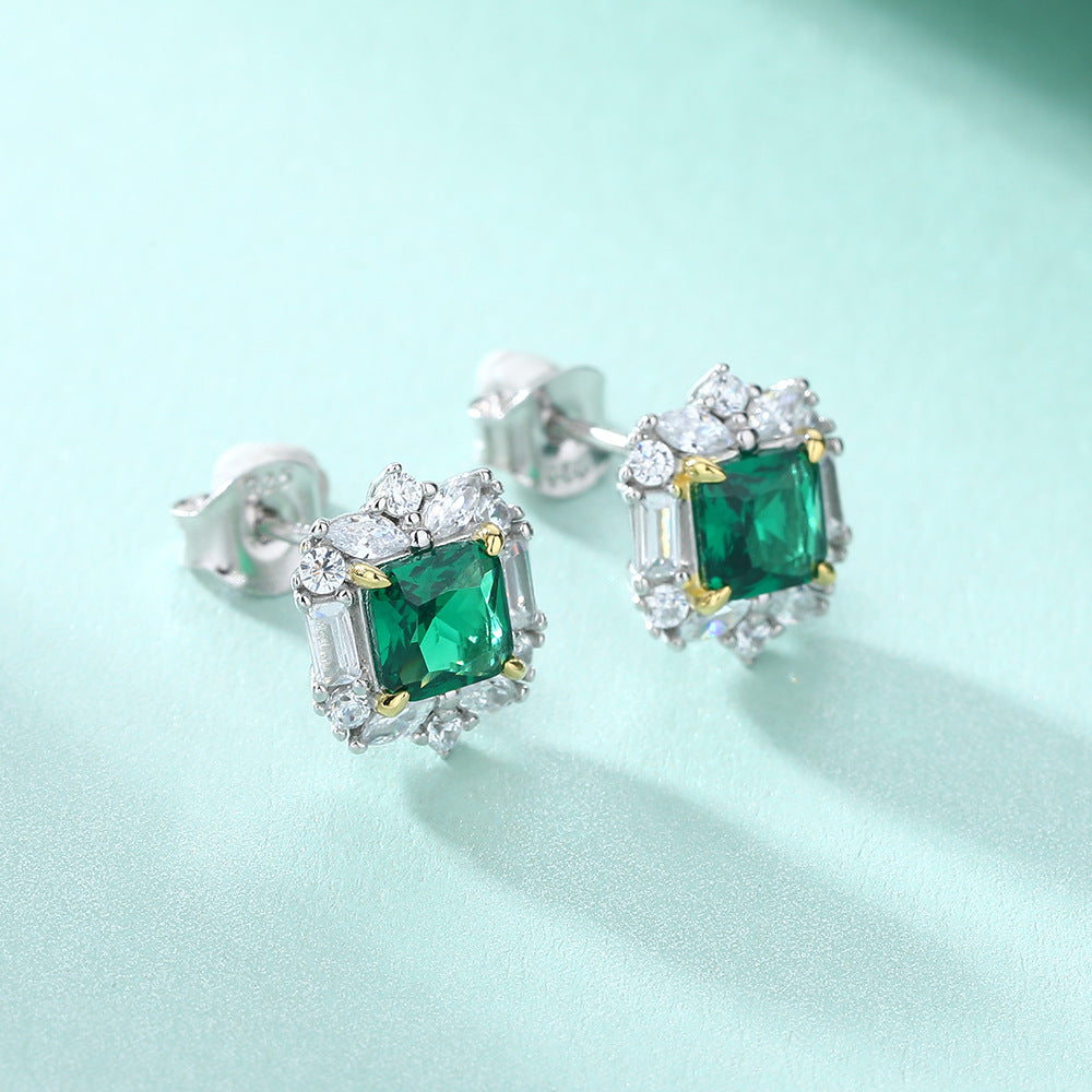 S925 Sterling Silver Fashion Emerald Flower Stud Earrings