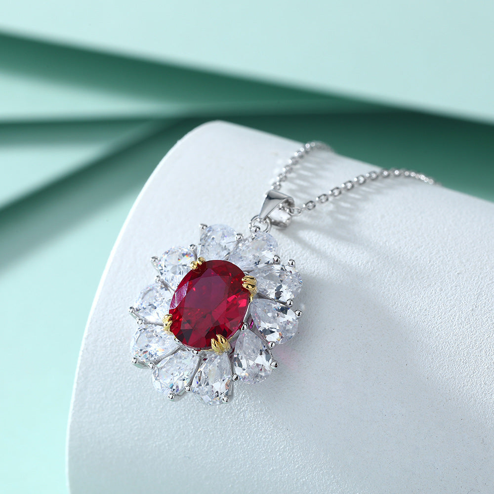 S925 Sterling Silver Ruby Flower Pendant Necklace