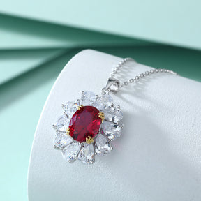 S925 Sterling Silver Ruby Flower Pendant Necklace