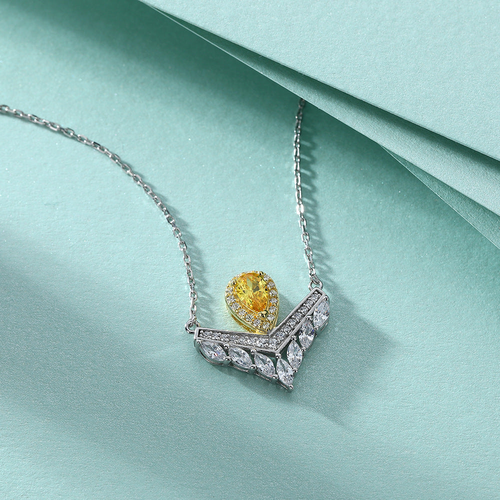 S925 Sterling Silver Gemstone Pendant V-Shaped Crown Clavicle Chain Necklace