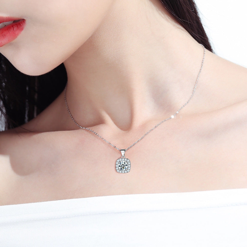 S925 Pure Silver Square Cube Pendant Clavicle Chain Necklace