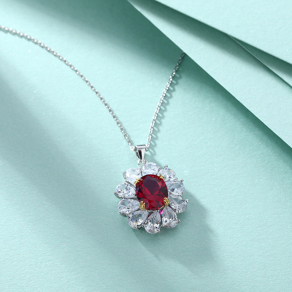 S925 Sterling Silver Ruby Flower Pendant Necklace