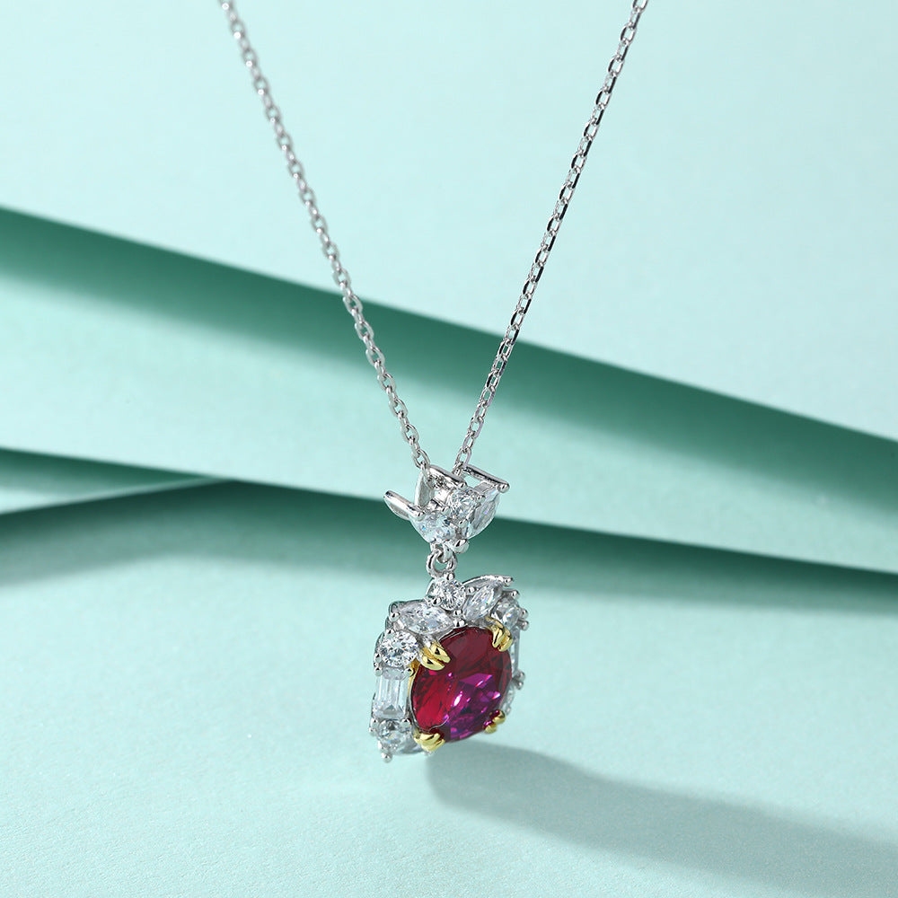 S925 Sterling Silver Ruby Pendant Clavicle Chain Necklace
