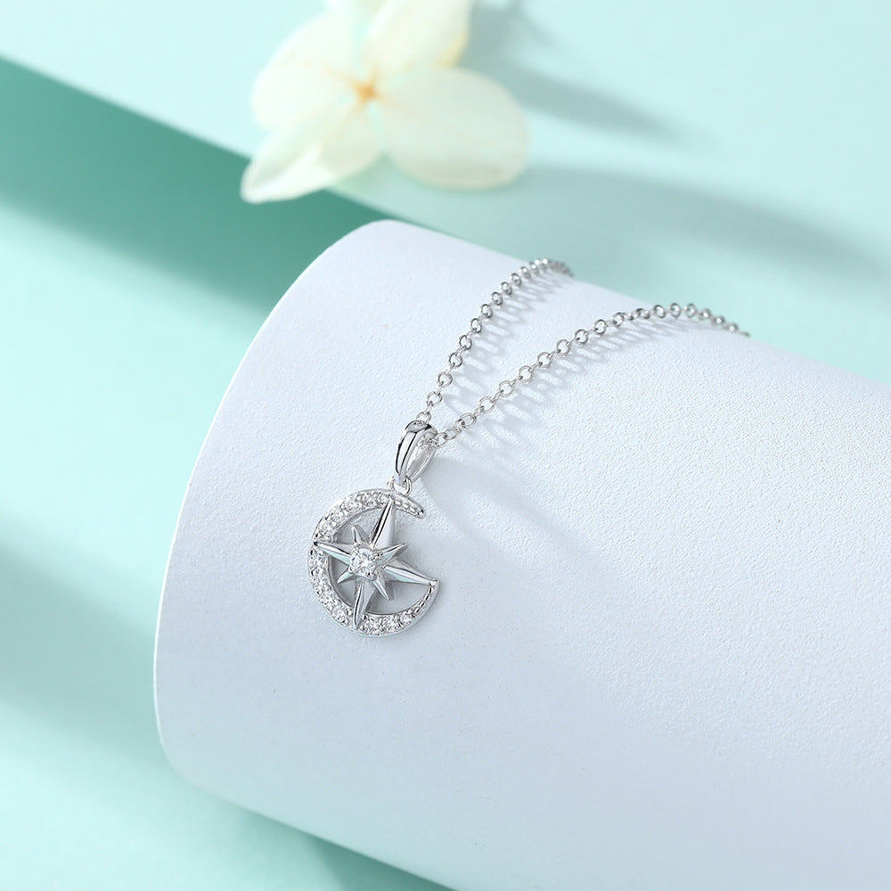 S925 Pure Silver Inlaid Diamond Star Moon Hexagram Pendant Necklace