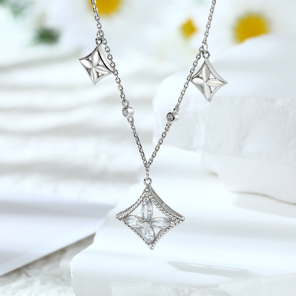 S925 sterling silver light luxury square pendant tassel four-leaf clover necklace