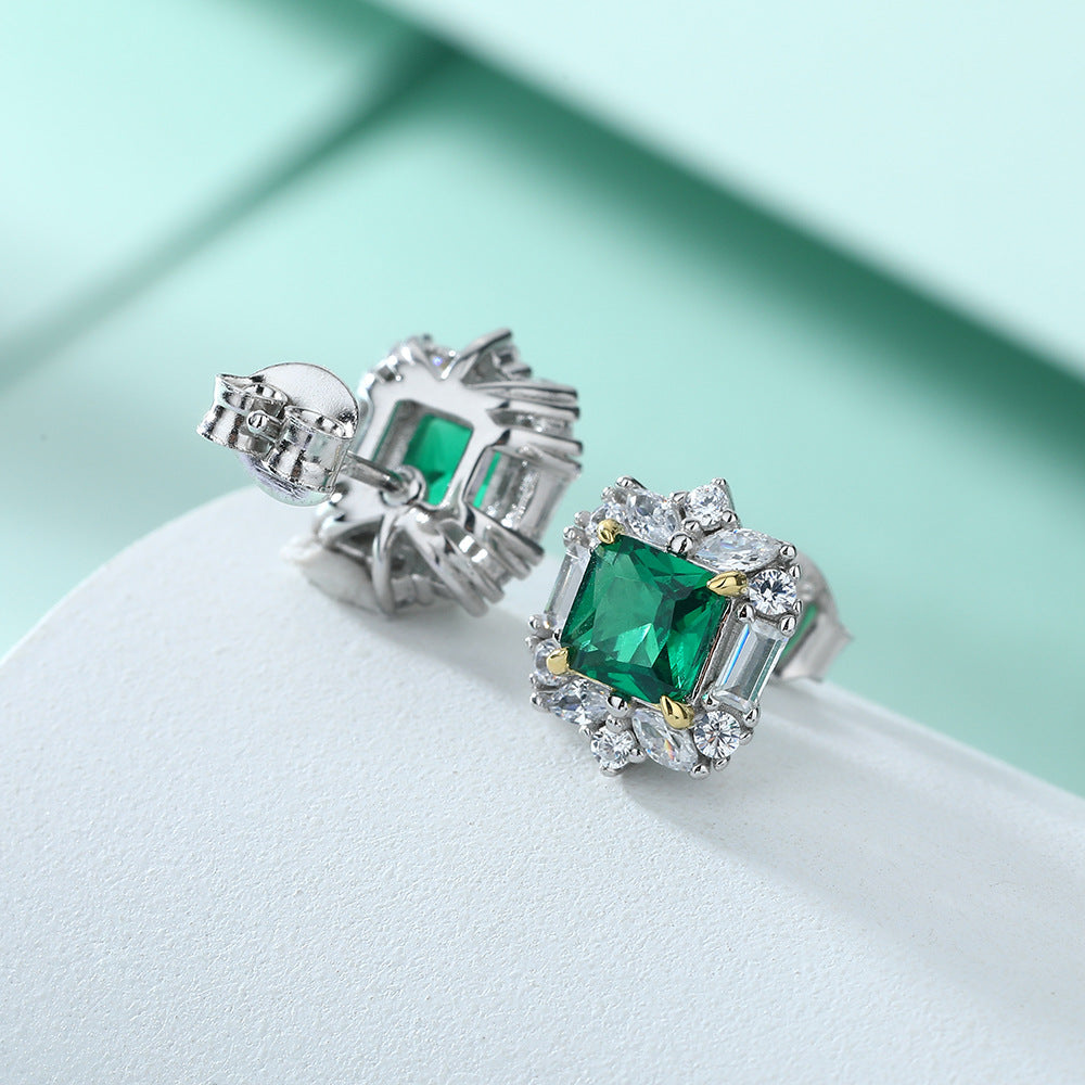 S925 Sterling Silver Fashion Emerald Flower Stud Earrings