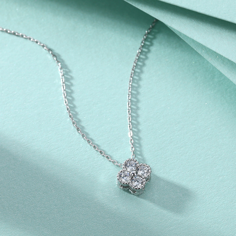 S925 Sterling Silver Clavicle Chain Light Luxury Four-Leaf Clover Full Diamond Pendant Necklace