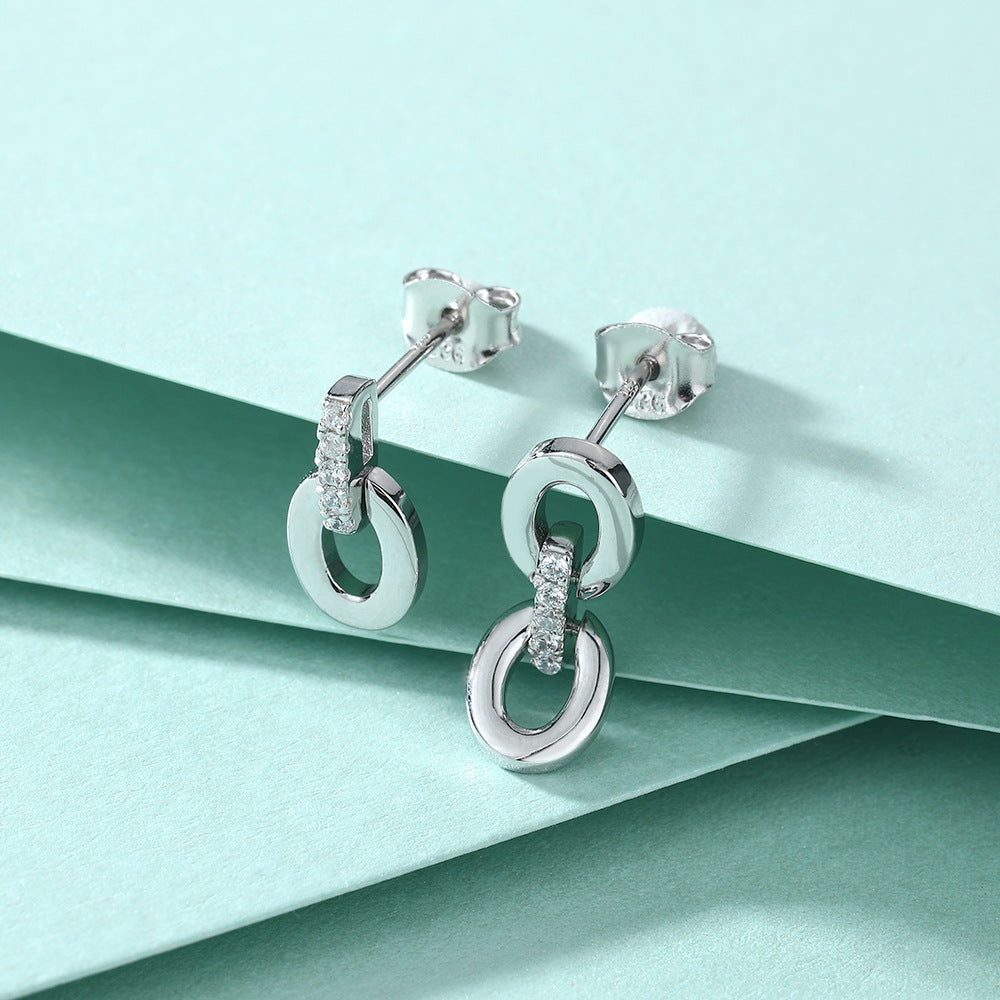 S925 Pure Silver Light Luxury Tassel Double Circle Asymmetric Stud Earrings