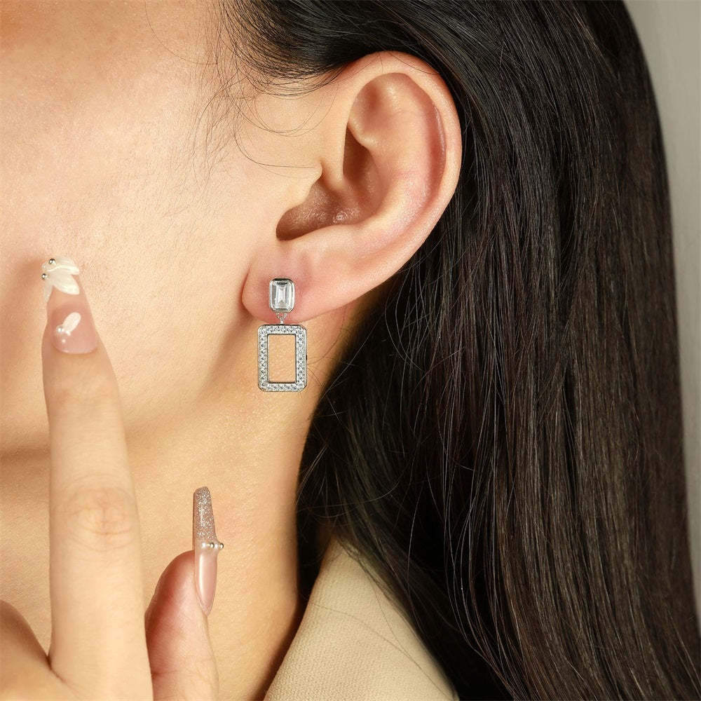 925 Pure Silver Simple Tassel Hollow Square Stud Earrings