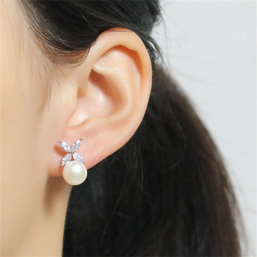 S925 Pure Silver Pearl Clover Shell Pearl Earrings