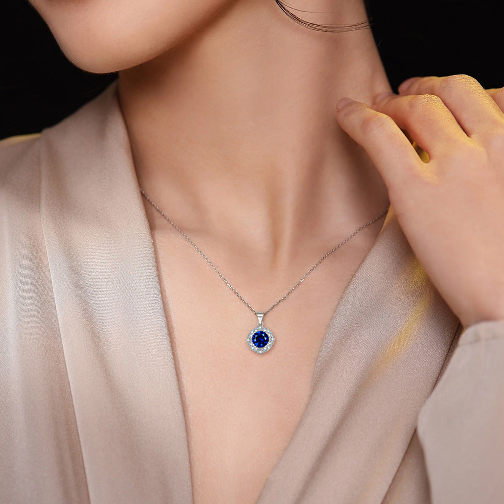 S925 Sterling Silver Fashion Sapphire Clavicle Chain Pendant Necklace