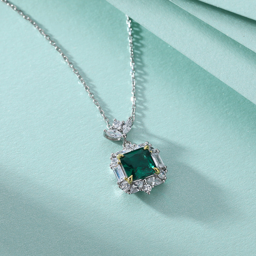 S925 Sterling Silver Emerald Stone Clavicle Chain Necklace Pendant