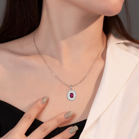 S925 Sterling Silver Ruby Flower Pendant Necklace
