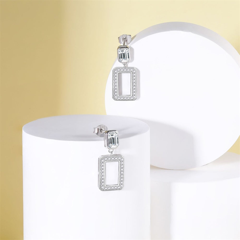 925 Pure Silver Simple Tassel Hollow Square Stud Earrings