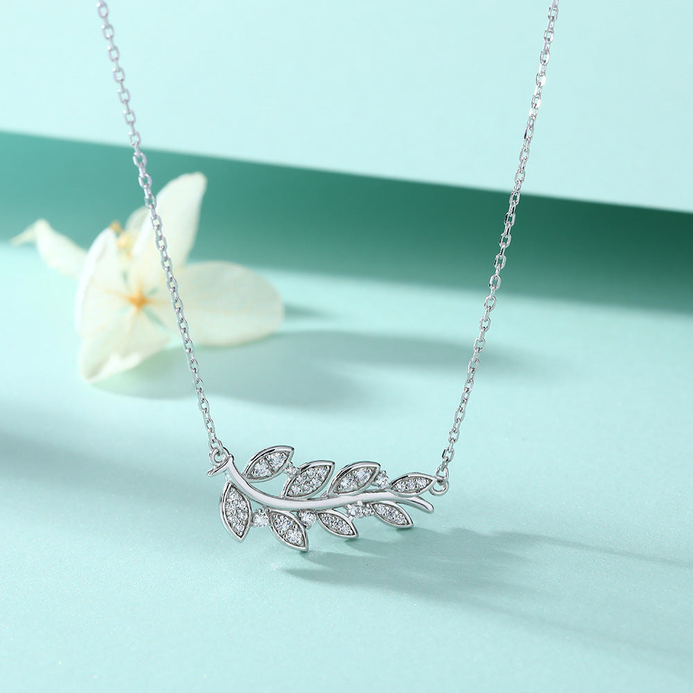 S925 Pure Silver Ear of Wheat and Flower Clavicle Chain Necklace with Leaf and Tulip Pendant