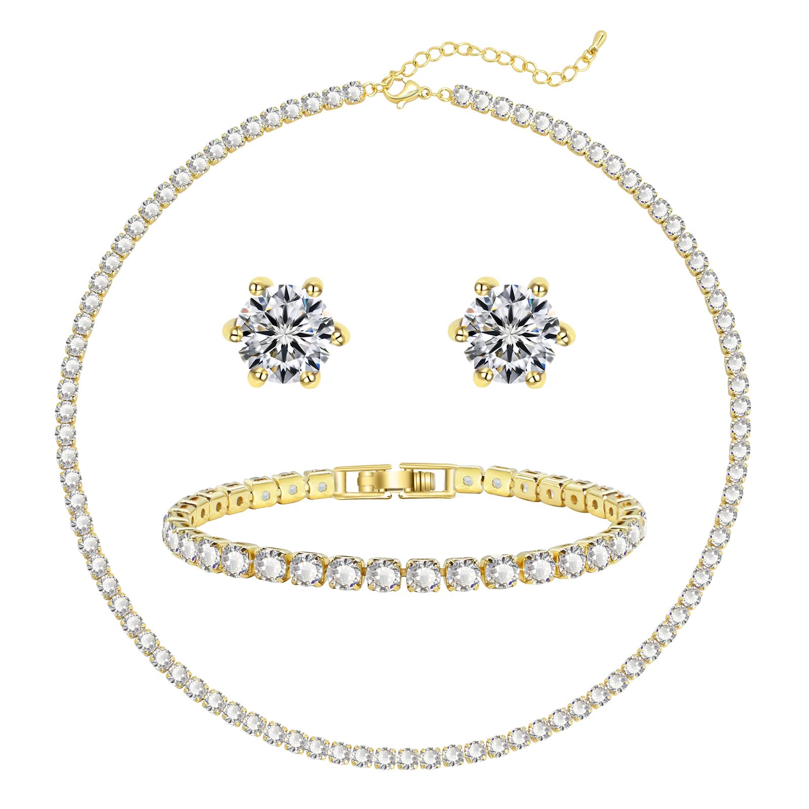 Tennis Necklace Bracelet Earrings Silver / 14K Gold Plated Choker Necklaces Cubic Zirconia Bridal Wedding Jewelry for Women