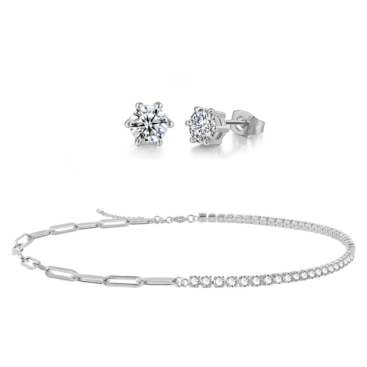 Asymmetrical CZ Choker Chain Necklace Stud Earrings Dainty Jewelry Set for Women