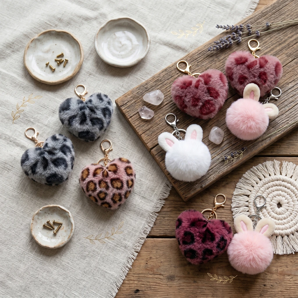 Leopard print plush heart keychain for handbags and backpacks
