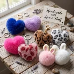 Leopard print plush heart keychain for handbags and backpacks