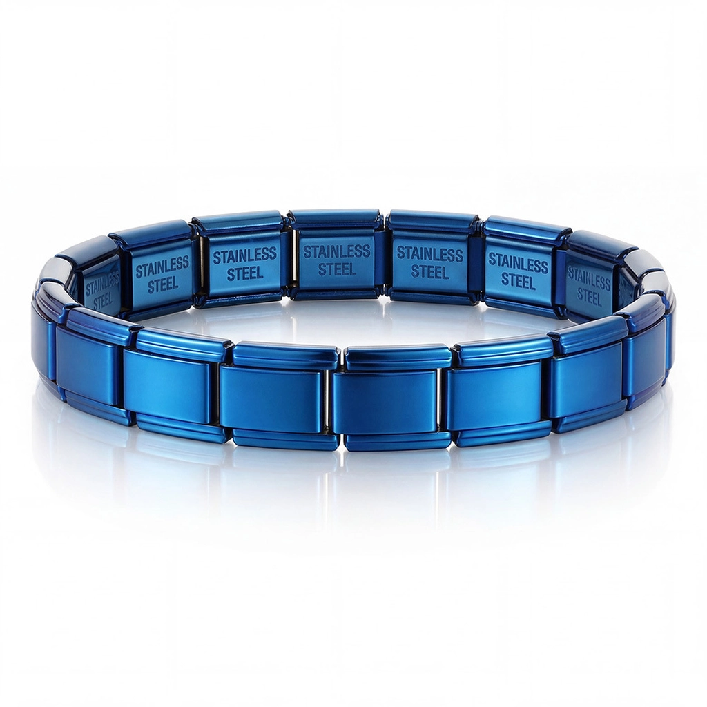 Blue Italian Charm Bracelet Stainless Steel IP Plated Stretch Modular Base