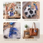 Personalized white leopard plush heart keychain with blue acrylic letter for backpack