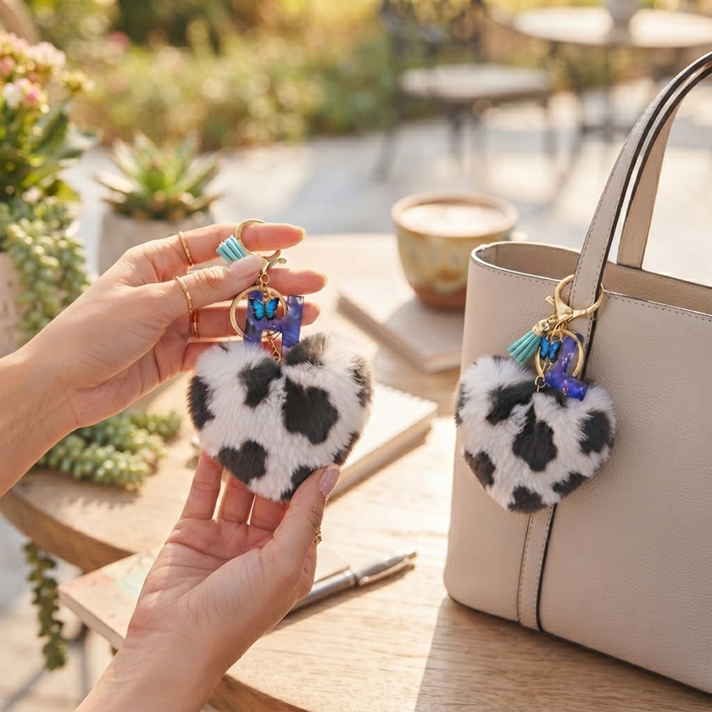 Personalized white leopard plush heart keychain with blue acrylic letter for backpack