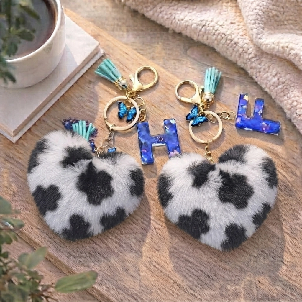 ersonalized white leopard plush heart keychain with blue acrylic letter for backpack