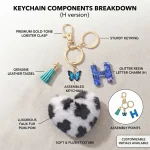 Personalized white leopard plush heart keychain with blue acrylic letter for backpack