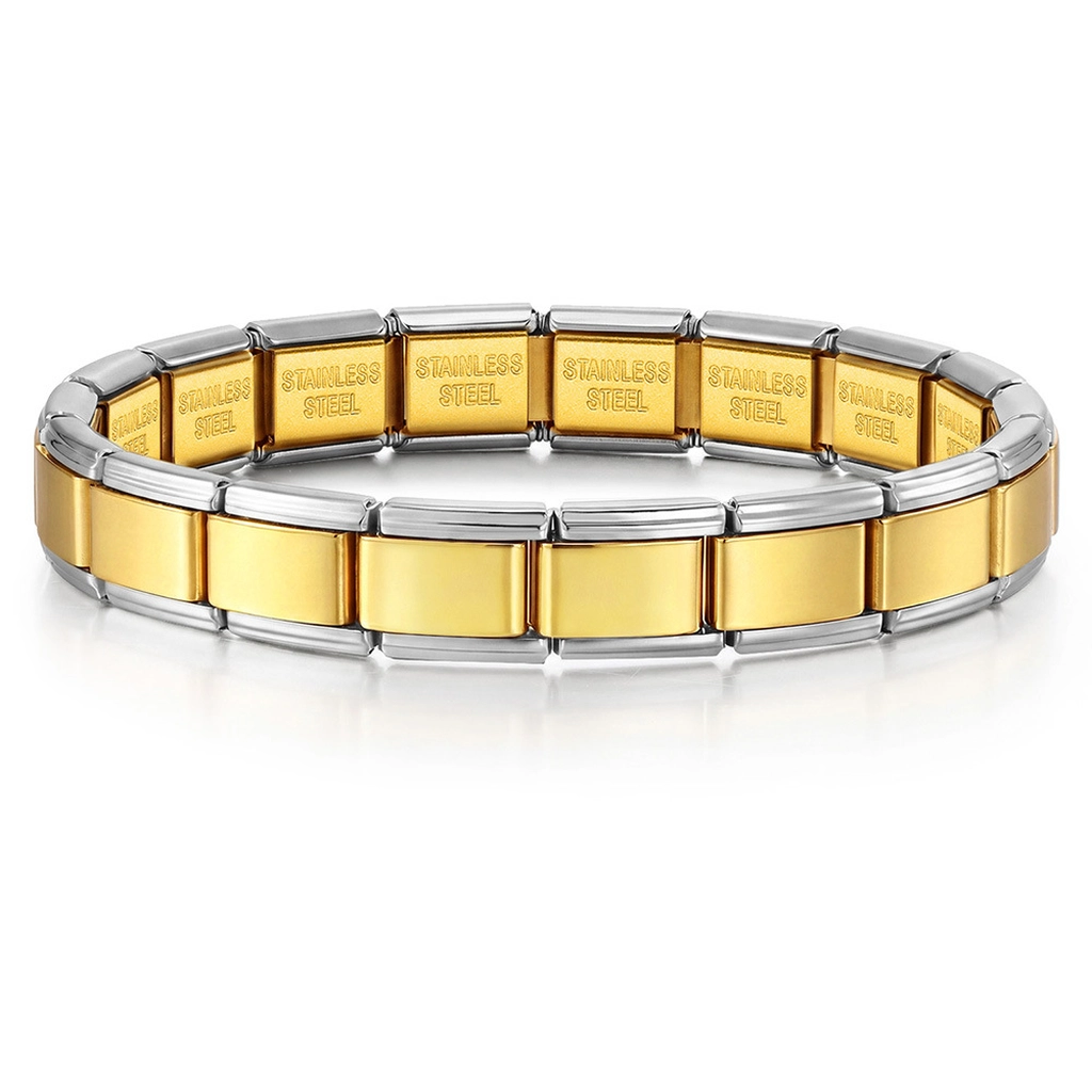 Silver framed gold Italian charm bracelet with 316L stainless steel vacuum IP plated stretch modular base, showing front view against clean white background.