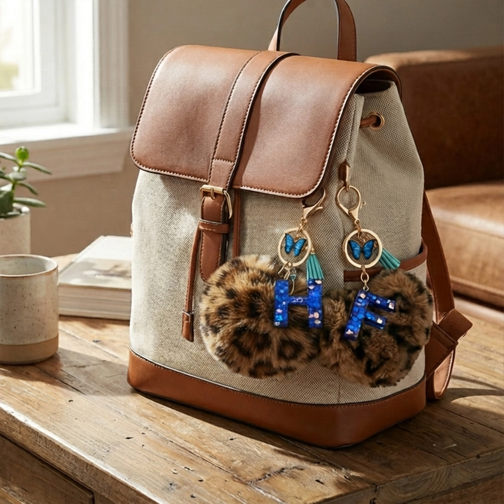 Personalized brown plush heart keychain with blue acrylic initial for backpack