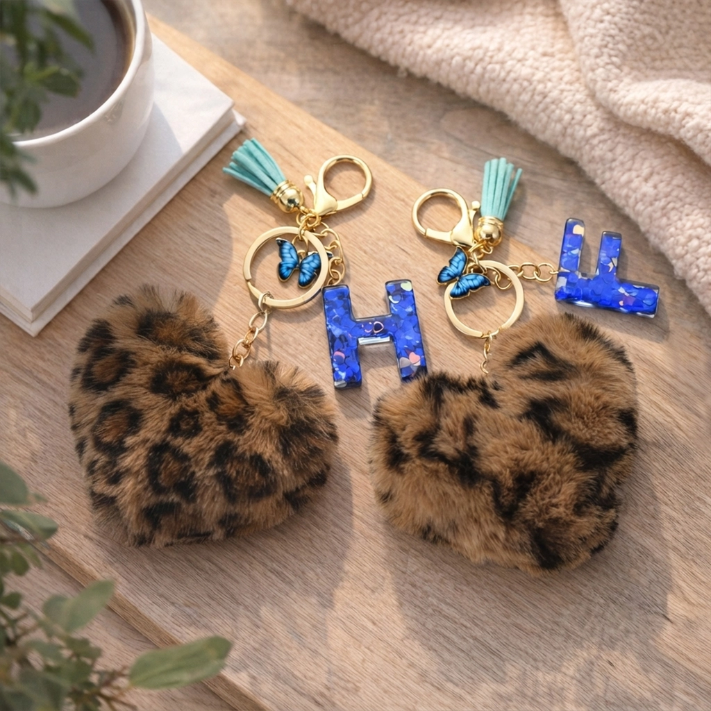 Personalized brown plush heart keychain with blue acrylic initial for backpack