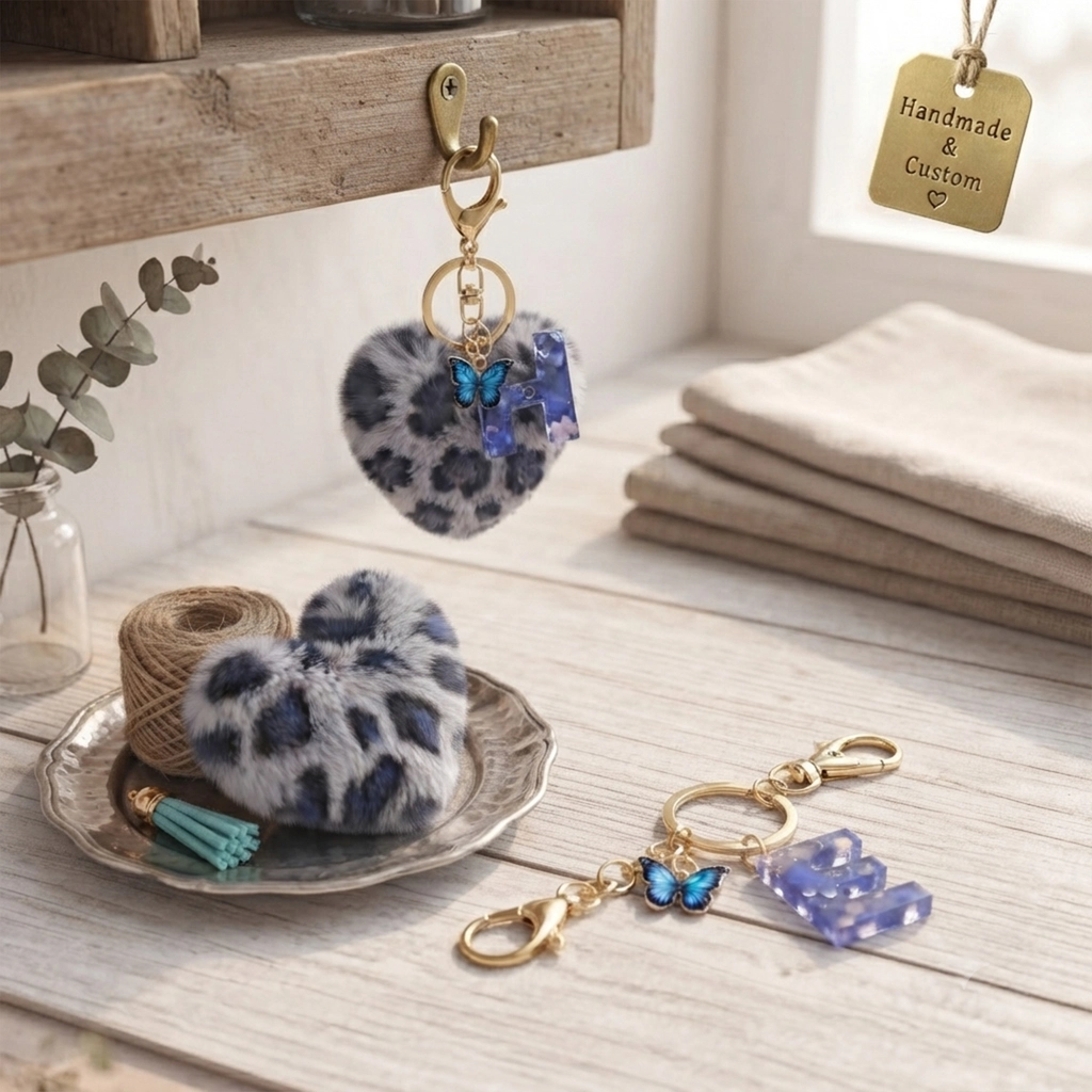 Personalized grey plush heart keychain with blue acrylic initial for backpack