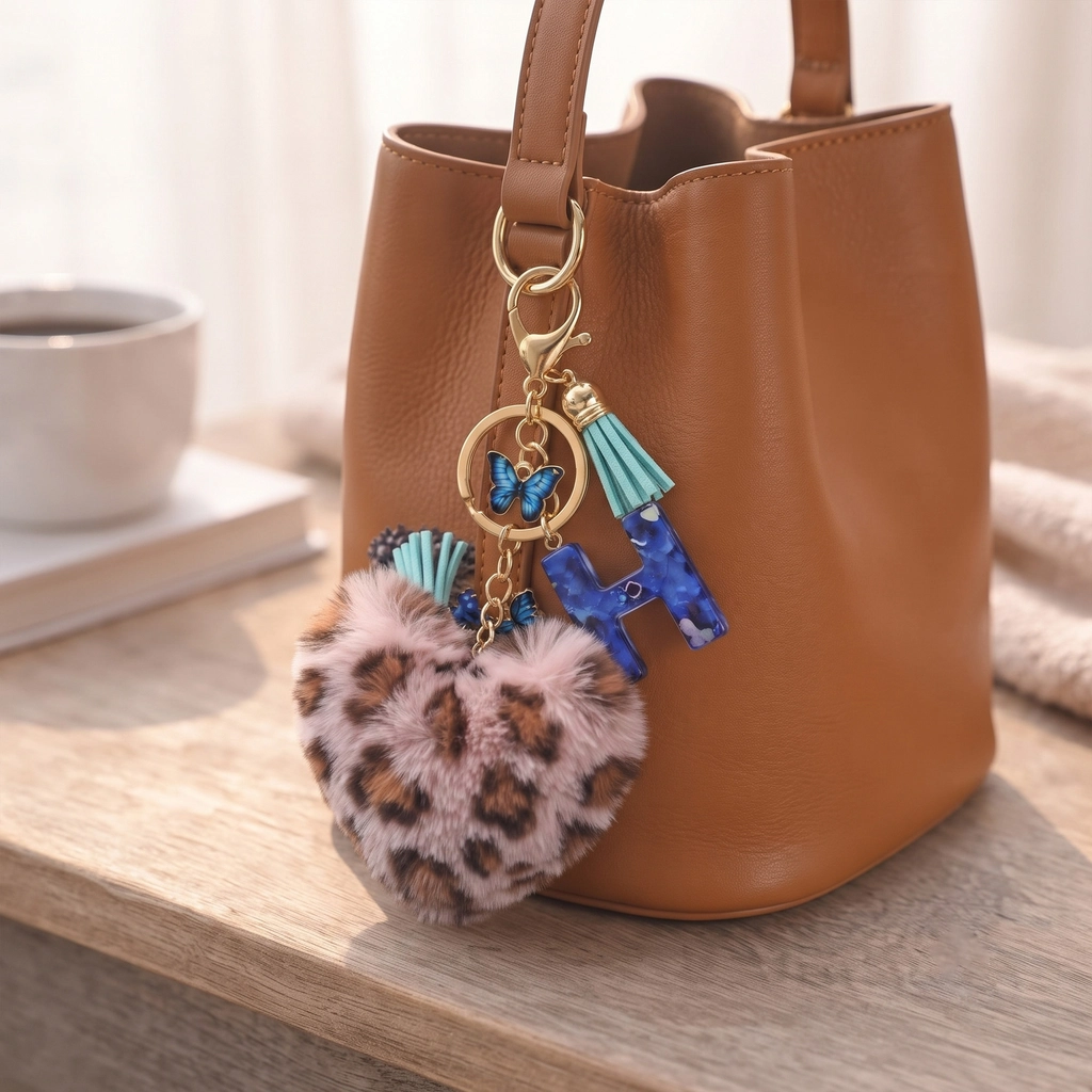 Personalized plush heart keychain with custom acrylic letter for backpack