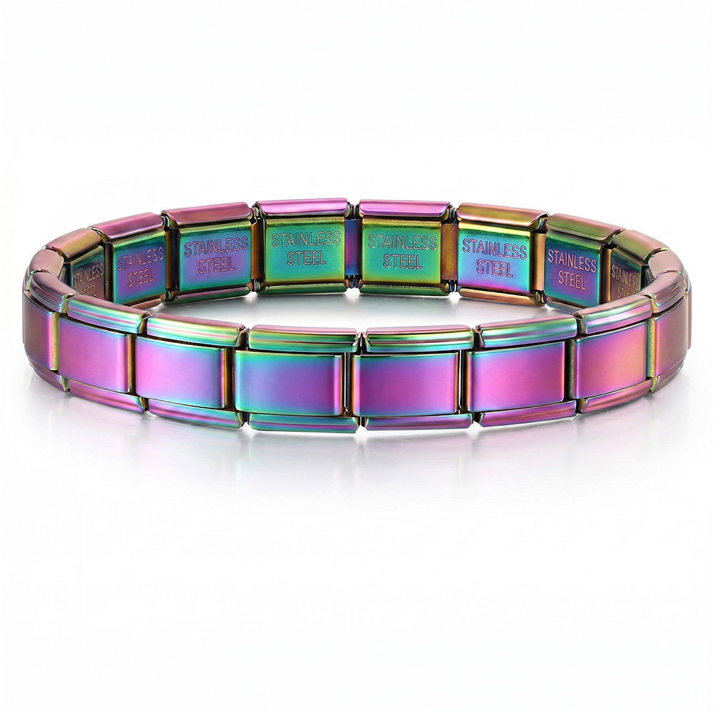 Iridescent rainbow stainless steel Italian charm link for modular bracelet