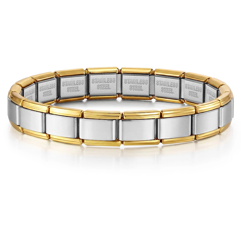 Silver gold two tone stainless steel Italian charm bracelet with vacuum IP plating, stretchable modular base for DIY Italian charm links