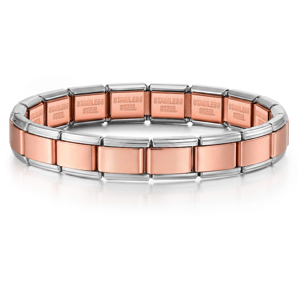 Silver-plated rose gold Italian modular bracelet featuring two-tone 316L stainless steel links and a stretchable elastic base for DIY charms.