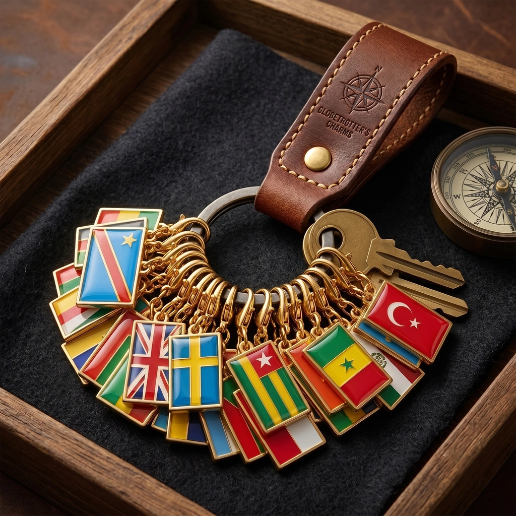 World traveler flag charm bracelet kit with gold chain and multiple country flag charms on vintage map background.