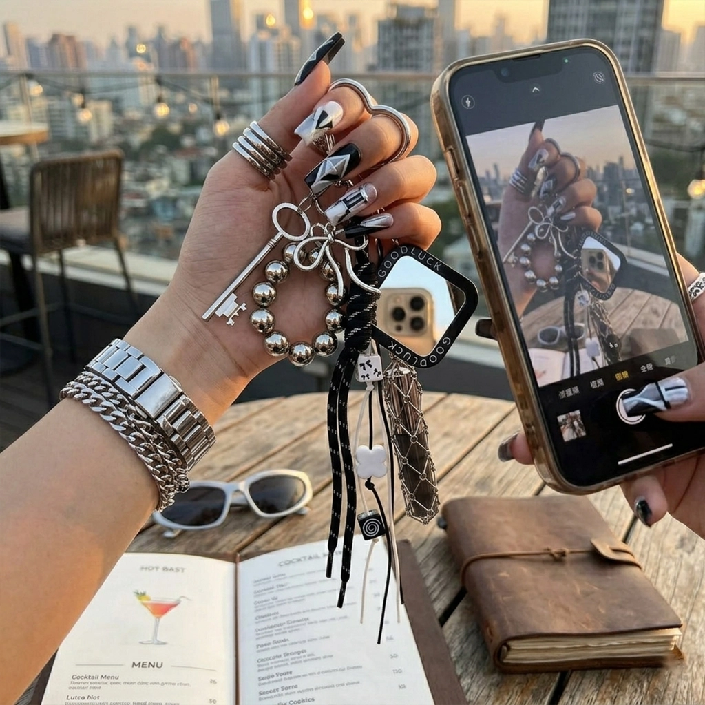 Vintage braided keychain with antique silver charms and star mirror, black and white paracord bag charm.